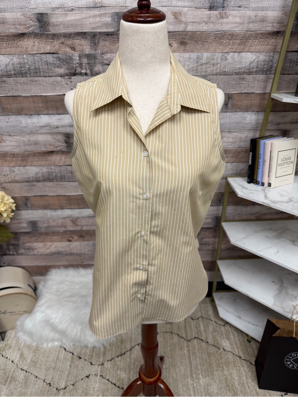 Ann Taylor Tan and White Sleeveless Striped Button-Down Shirt